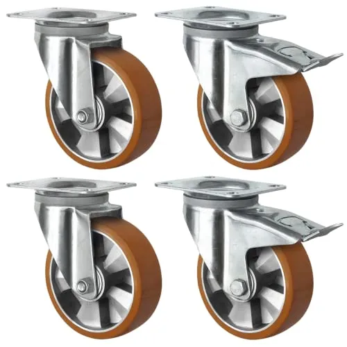 Schwerlastrollen 200 mm Set: 2 Lenkrollen & 2 Feststellrollen - Industrierollen mit Platte, ideal für schwere Lasten bis 700 kg, mit langlebigen Polyurethan-Laufflächen und robustem Stahlblechgehäuse für maximale Stabilität.