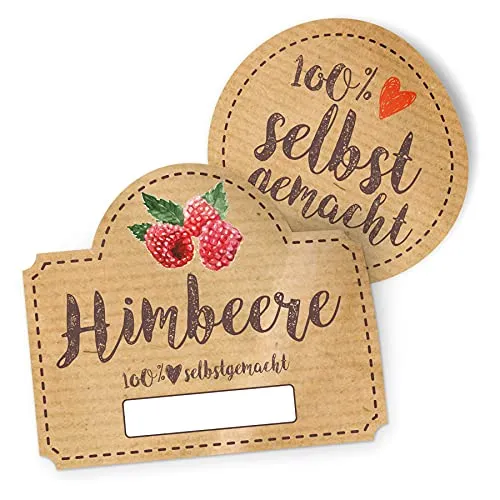 itenga Marmeladen Etikett HIMBEERE Aufkleber 100% selbstgemacht Sticker braun selbstklebend für Marmelade Einmachgläser Geschenke - hochwertiges Papier - 10 Aufkleber rund und 10 Aufkleber rechteckig
