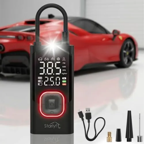 STARLYF Air Compressor, Tragbarer Luftkompressor – Kabellos & Wiederaufladbar, 150 PSI, Auto-Stop, LCD-Display, Luftpumpe für Auto, Motorrad, Fahrrad, E-Scooter & Bälle, kompakt & leistungsstark
