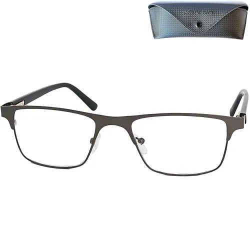Mini Brille Metall Lesebrille mit rechteckigen Gläsern - mit Gratis Etui, Edelstahl Brillengestell (Graphit), Eckige Lesehilfe Herren und Damen +1.0 Dioptrien