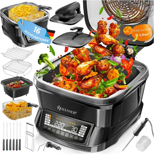 KESSER® Multikocher 8L mit Heißluftfritteuse - 16 Programme für vielseitiges Kochen - Multikocher mit 16 Programmen wie Grillen und Dampfgaren. Ideal für Familienküche, gesundes Kochen und einfache Bedienung dank Vorheiz- und Warmhaltefunktion.