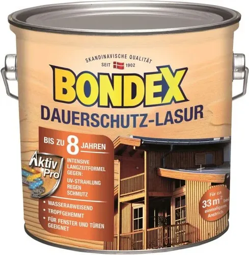 Bondex Holzlasur Dauerschutz-Lasur, 2,5l, oregon pine - Wetterfeste Holzlasur für außen mit bis zu 8 Jahren Intensivschutz gegen Witterungseinflüsse. Ideal für Fenster & Türen, betont die natürliche Holzmaserung und ermöglicht eine saubere Verarbeitung.