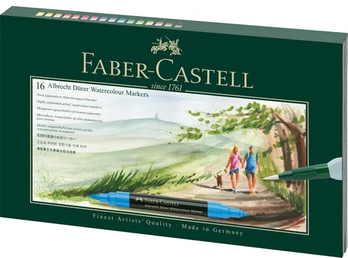 Faber-Castell Aquarellmarker Albrecht Dürer, 16er Set - Schreibutensilien mit hoch pigmentierten Künstlermarkern für kreative Techniken; ideal für malerisches Arbeiten und detailreiche Zeichnungen, inklusive Wassertankpinsel im Geschenketui.