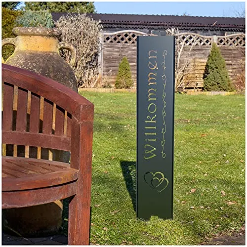 teileplus24 GS01 Willkommen Gartenstecker Gartenschild | Schwarz Garten Deko | 3D Abkantung | 120cm x 21cm
