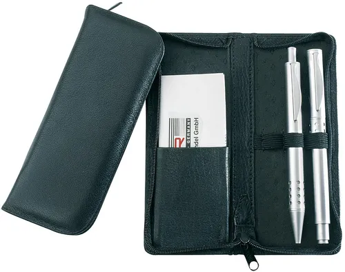 Alassio Schreibgeräte-Etui - für 3 Schreibgeräte, stilvolles schwarzes Leder mit Kreditkartenfach und Reißverschluss, ideal für unterwegs