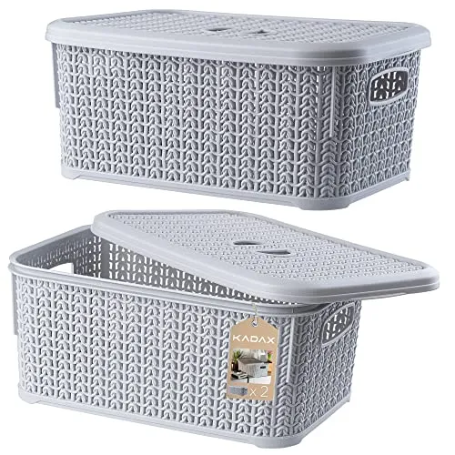 KADAX Aufbewahrungskorb mit Deckel, 6L, Aufbewahrungskiste aus Kunststoff, rechteckiger Korb für Aufbewahrung, Bad, Küche, Kinderzimmer, Aufbewahrungsbehälter, Aufbewahrungsbox (Grau 2 Stück Set)