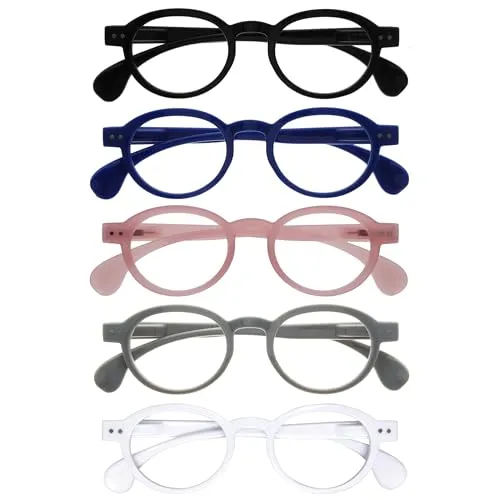 OPULIZE OCA Lesebrille - 5er-Pack - Moderne Runde Retro-Fassung - Schwarz Blau Pink Grau Weiß - Herren Damen - Federscharniere - RRRRR54-1347W - +1.00