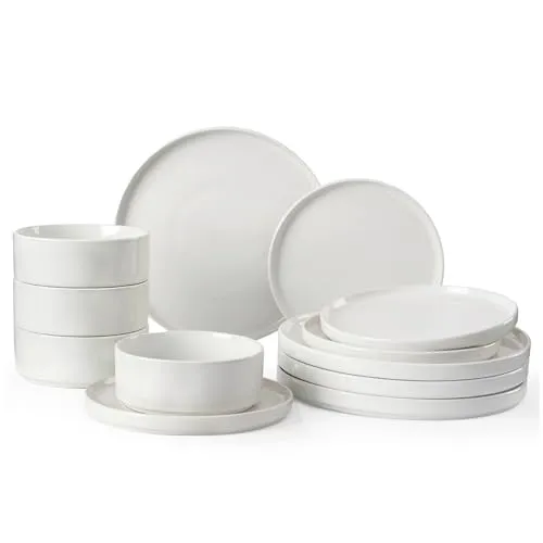 Richmount Nebula Geschirrset 4 Personen, 12-teiliges Teller Set und das Schüsselset, Sprenkel Steingut Geschirr Set, Tafelservice, Mikrowellen- & Spülmaschinenfest, Weiß