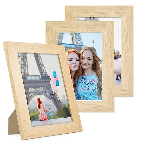 PHOTOLINI Bilderrahmen 10x15 cm MDF-Holz Natur, breite Rahmen, 3er Set, modern, bruchsicheres Acrylglas, zum Aufhängen & Aufstellen, extra Zubehör - für Ihre stilvolle Wanddekoration