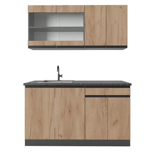 Vicco Küchenzeile R-Line, Goldkraft Eiche/Anthrazit, 140 cm - Küchenzeile für kleine Räume, ergonomisch mit höhenverstellbaren Füßen und flexibler Modulbauweise – ideal für Wohnungen, Studentenapartments und Büros.