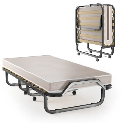 Klappbett 90×200cm mit Matratze und 4 Rädern - Praktisches Gästebett für Erwachsene, klappbar und mobil dank 4 Rädern. Ideal für spontane Übernachtungen und platzsparend im Schlafzimmer.