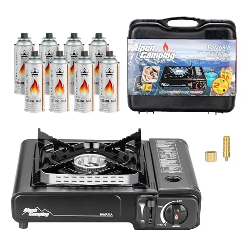 Mianova Campingkocher Outdoor Gaskocher Shisha BBQ Anzünder Grill Notfallkocher Gaskartuschen Gas Kocher Herd Set Schwarz 8 Gasflaschen