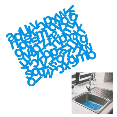 Spülmatte für die Küche, 32 x 25 cm, Schutzmatte mit Buchstaben für Waschbecken aus Gummi, schimmelresistent, rutschfest, strapazierfähig, leicht zu reinigen, kratzfest, stoßfest (hellblau)
