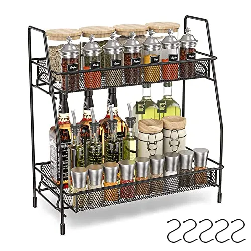 JUMRHFAN Gewürzregale Freistehend, 2-stufiger Küchenschrank, Gewürzflaschenhalter mit 5 Haken (Schwarz)