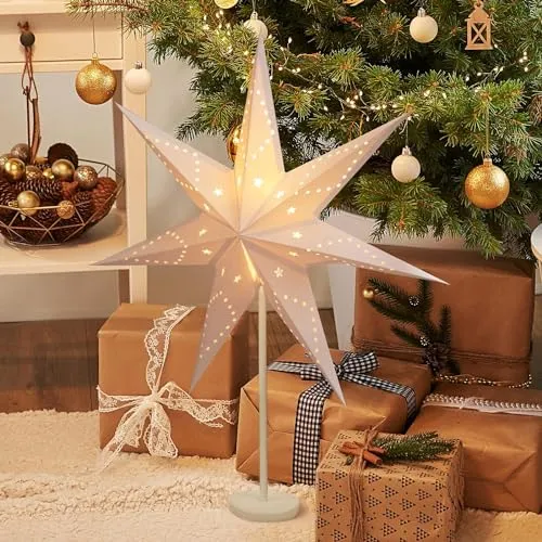 SALCAR LED Weihnachtsstern 55cm - Beleuchtet für Fenster - Weihnachtsbeleuchtung mit 55 cm Durchmesser, faltbarem Papierstern und warmweißer E14-Glühbirne. Ideal für eine romantische Atmosphäre in Wohnzimmer oder Schlafzimmer.