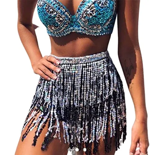 Yienate Sexy Fransen Bauchtanz Pailletten Kostüm Damen Hüfte Damen Rock Quaste Schal Sparkle Wrap Musik Festival Karneval Kostüm (Schwarzes Silber)