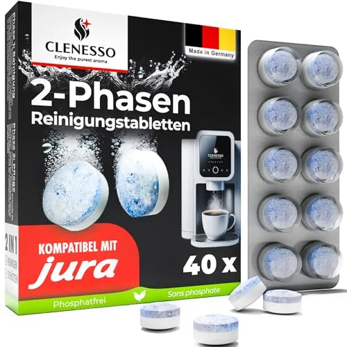 CLENESSO 2-Phasen Reinigungstabletten Kaffeevollautomaten (40 Stück) – Kaffeevollautomat Reinigungstabletten kompatibel mit Jura, Siemens, Melitta, uvm. – für optimale Reinigung & Pflege