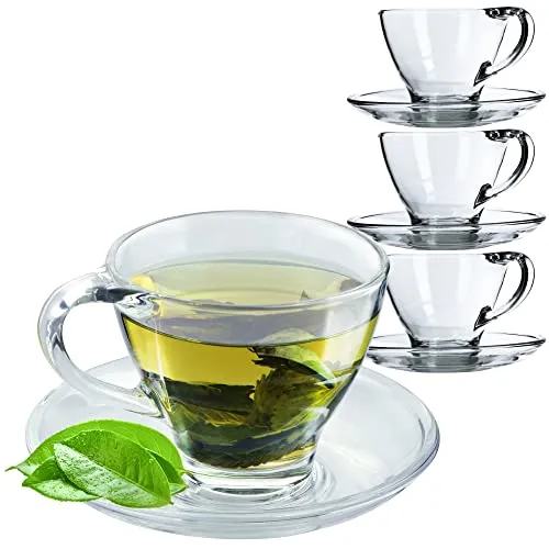 KADAX Kaffeetassen Set, 200ml, Teegläser mit Untertassen und Henkel, Tassen aus Glas für Kaffee, Tee, Cappuccino, Kaffeebecher, Teetassen (Hannah, 4 Stück)