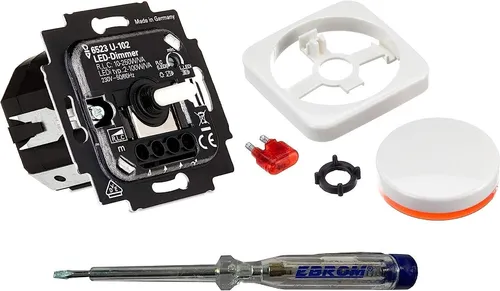 Busch Jäger 6523U-102 LED-Drehdimmer LED-Dimmer mit Dimmerscheibe Zentralplatte 2115-214 in Reflex Si alpinweiß glänzend inklusive EBROM Phasenprüfer zur Montage des Dimmers (6523 U – 102)