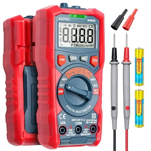 AstroAI Digital Multimeter, Voltmeter Ohmmeter Auto Range 4000 Counts TRMS Strommessgerät mit NCV und LCD-Anzeige und Hintergrundlicht, Rot