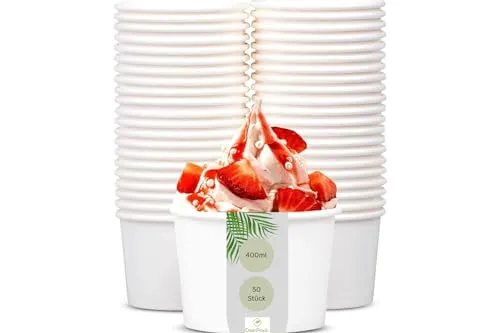 DeinPack 50 Eisbecher 400 ml | Umweltfreundliche Universal Karton mit Beschichtung Einwegschalen für EIS, Dessert, Fingerfood, Vorspeisen, Snacks I Speisebecher weiß unbedruckt runde Einwegbecher