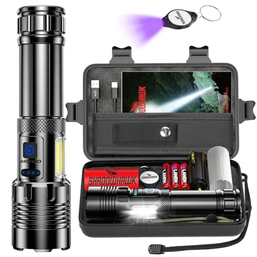 Shadowhawk Taschenlampe Led 500000 Lumen, Extrem Hell Taschenlampe USB Aufladbar Taktische Taschenlampen Mit holster XHP70.2, IP67 Wasserdicht 5 Lichtmodi für Camping Wandern Notfälle