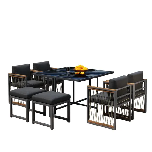 Garten-Essgruppe 7-tlg. mit Esstisch, 2 Hockern und 4 Stühlen - Grau - Stylisches 7-teiliges Gartenmöbelset für 6 Personen. Wetterfest und UV-beständig, ideal für Garten und Balkon. Inklusive gepolsterter Kissen für maximalen Komfort.