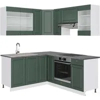 Vicco Winkelküche Fame-Line, Grün-Gold Landhaus/Weiß, 160 x 190 cm - Küchenzeilen mit L-Form, flexibler Anordnung und Soft-Close-Scharniere für leises Schließen. Ideal für optimale Raumnutzung und Stauraum in Ihrer Küche!