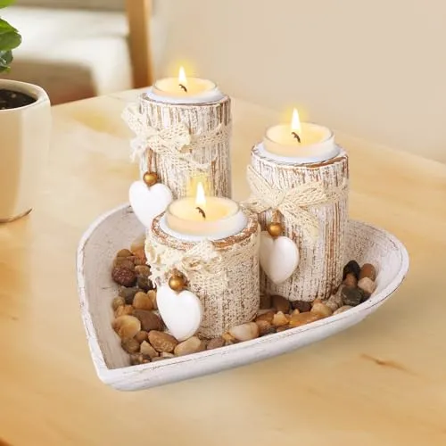 Holz Teelichthalter mit Tablett, 3 Teiliges Kerzenständer Set, Hochzeit Kerze Stand, Kerzenhalter aus Holz für Party, Hochzeit, Geburtstag, Abendessen, Vintage Deko, Romantische Wohndeko 3,9cm Dm
