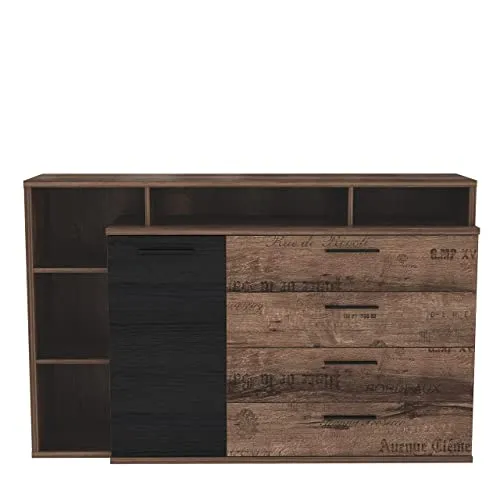 Forte Jacky Kommode - Buffetschrank aus Holzwerkstoff in Schlammeiche/Schwarzeiche mit 1 Tür und 4 Schubladen, ideal für stilvolle Aufbewahrung, inklusive Wandmontage-Zubehör.