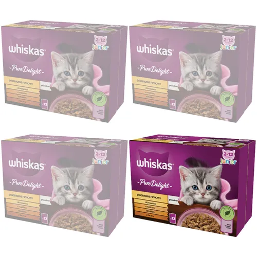 WHISKAS Junior Nassfutter für Kätzchen, 48x85g - Katzenfutter ohne künstliche Zusatzstoffe, mit Huhn, Pute, Geflügel und Ente - ideal für das gesunde Wachstum Ihrer Kätzchen.