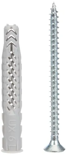 FISCHER Universaldübel UX 6 x 50 R S/5, je 25 Nylondübel mit passenden Schrauben, Allzweckdübel mit Rand, für optimalen Halt bei Befestigungen in Beton, Gipskarton, Kalksand-Lochstein uvm.