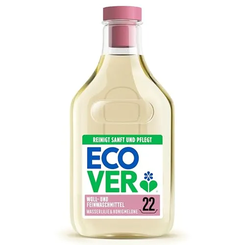Ecover Flüssigwaschmittel für empfindliche Textilien - Wollwaschmittel für schonende Reinigung von Wolle und feinen Stoffen, biologisch abbaubare Formel mit frischem Duft nach Wasserlilie und Honigmelone, reicht für 22 Waschgänge.