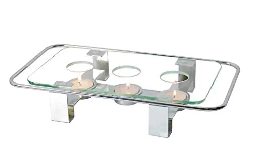 NewlineNY Geschirrwärmer, verchromt, rechteckig, Glasplatte, 3 Löcher, Teelicht, Votivkerzen, Gourmet, Speisenwärmer