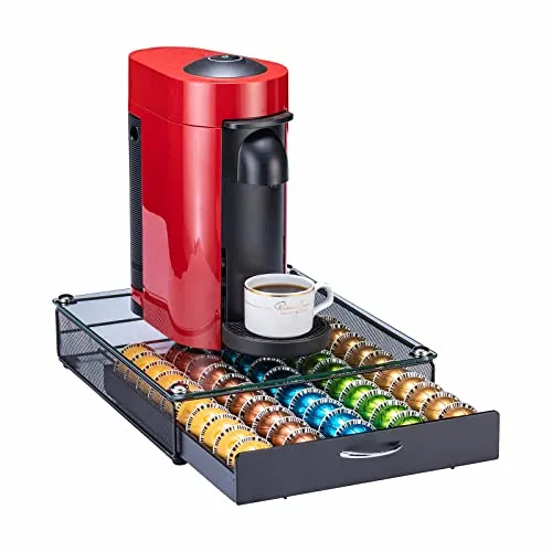 Rice rat Nespresso Kapselhalter Vertuo für Vertuoline Kapseln (50 Kapseln) in Schwarz mit Glasrahmen und 4 Schubladen