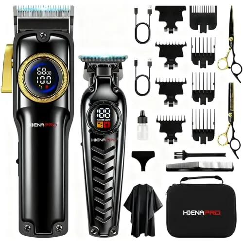HIENA PRO Profi Barber Haarschneidemaschine Set für Herren, Kabellos Elektrisch Haarschneider Kit, USB Wiederaufladbare Friseur Haarschneide Maschine Set mit LED-Anzeige