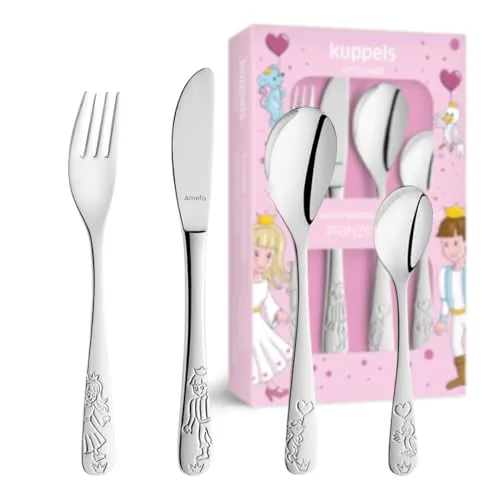 Kuppels Kinder-Besteck-Set Prinzessin | 4-teilig | Edelstahl rostfrei | Geprägtes Kinderbesteck ab 3 Jahre für Junge und Mädchen | Kindermesser, Kindergabel, Kinderlöffel und Kinderteelöffel