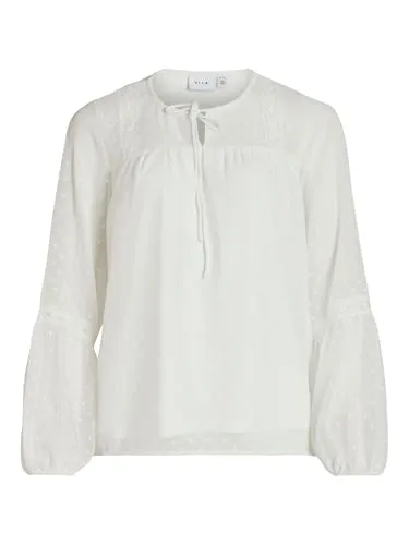 Vila Damen Viedee L/S Top - Nachhaltige Bluse in Snow White - Tanktops & Träger-Tops für Damen, aus recyceltem Polyester gefertigt, schont Ressourcen und bietet gleichzeitig einen modernen Look mit Rundhalsausschnitt und Ballonärmeln.