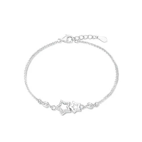amor Damenarmband aus Sterling Silber 925 mit Zirkonia Stern - Elegantes Armband für Damen aus rhodiniertem 925er Sterling Silber, verstellbar von 17 cm bis 19 cm, ideal für jeden Anlass.