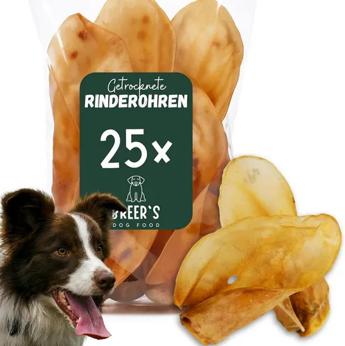 Breers Pet Food Rinderohren für Hunde - 25 Stück Kausnack - Futter: Getrocknete Rinderohren - fettarm, leicht verdaulich und ideal für artgerechte Beschäftigung. Perfekt für langanhaltenden Kauspaß und Zahnpflege!