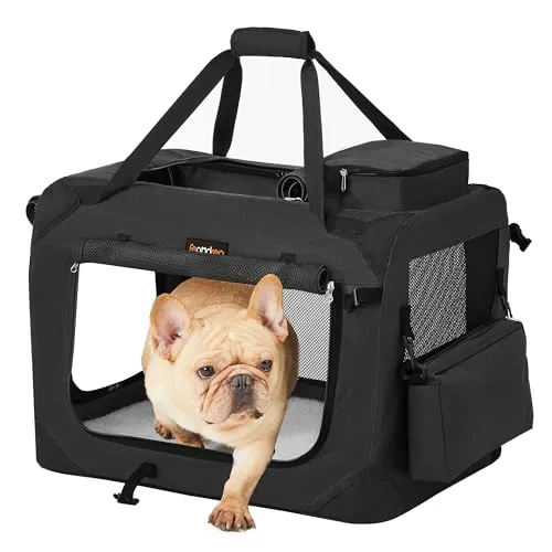 Feandrea Hundebox faltbar, Transportbox Hund, S, Hundetasche, Oxford-Gewebe, Netzstoff, atmungsaktiv tragbar transportabel, Metallrahmen, mit Griffen, Taschen, 50 x 35 x 35 cm, schwarz PDC50H