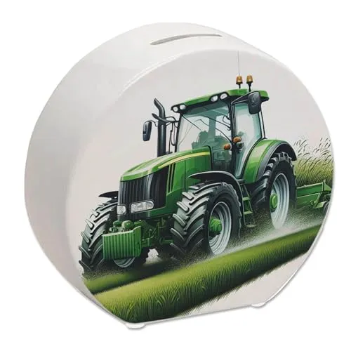 Traktor bei der Feldarbeit Spardose Neuer Trecker Sparschwein Grüner Traktor fährt über Feld Landwirtschaftliche Acker-Arbeit Agrarmaschine Fahrzeug Motiv