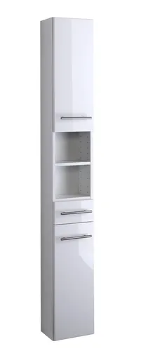 Held Parma Hochschrank Badschrank 25 cm Hochglanz weiß - Badezimmerschrank mit 1 Schublade und 2 Türen, höhenverstellbare Einlegeböden und moderne Metallgriffe für optimalen Stauraum im Badezimmer.