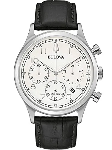 Bulova Herren Analog Quarz Uhr 96B354 - Elegante Armbanduhr für Herren mit schwarzem Lederarmband und 43 mm Edelstahlgehäuse, wasserdicht bis 3 bar - ideal für den täglichen Gebrauch.