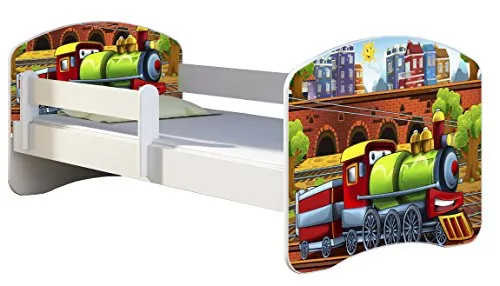 Kinderbett Jugendbett mit einer Schublade und Matratze Weiß ACMA II 140 160 180 40 Design (140x70 cm, 44 Lokomotive)
