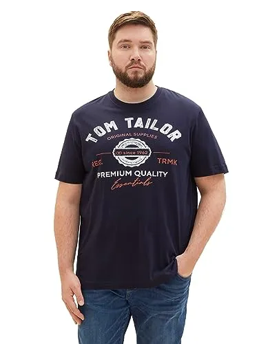 TOM TAILOR Herren Basic T-Shirt mit Print aus Baumwolle, sky captain blue, XL