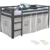 Homestyle4u Kinderhochbett 90x200 Grau mit Lattenrost und Matratze - Hochbett für Kinderzimmer, bietet Platz für Spielzeug und Sitzgruppen. Inklusive abnehmbaren Stoffvorhang, Sicherheitsumrandung und wechselseitig montierbarer Leiter.