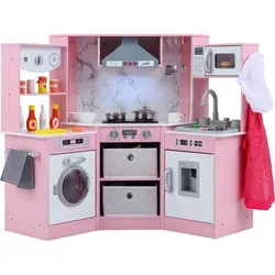COSTWAY Kinderküche Holz, Spielküche mit Dunstabzugshaube, Wasserzirkulationssystem, Wasserspender, Waschmaschine, Licht&Sound, für Kinder 3+ Rosa - Rosa