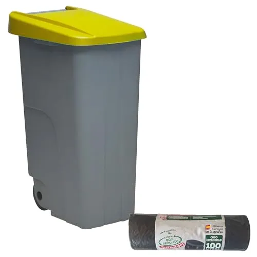 WELL HOME MOBILIARIO & DECORACIÓN Geschlossener Behälter, 85 l, Gelb, H 76 cm + Rolle mit 10 Müllbeuteln, 100 l