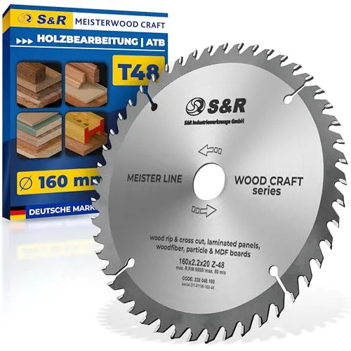 S&R Kreissägeblatt TCT Hartmetall 160mm 48-Zähne für Kappsäge, Gehrungssäge und Handkreissäge – Mehrzweck Rundsägeblatt mit Reduzierringen, Holz-Arbeit, Weichholz, Hartholz und Wood-Craft Bearbeitung